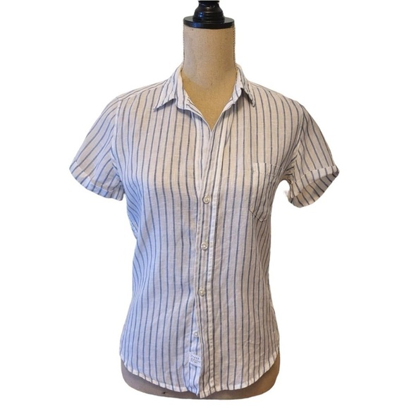 Frank & Eileen Linen Short Sleeve Button-Down Striped Shirt in White/Blue - Picture 1 of 13